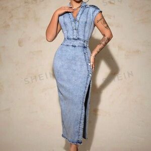 Women Buttoned Half Placket
Collared Side Slit Hem Long Denim Dress